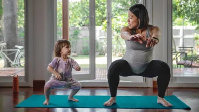 Moms-to-be practicing yoga, strength training, and swimming